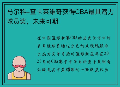 马尔科-查卡莱维奇获得CBA最具潜力球员奖，未来可期