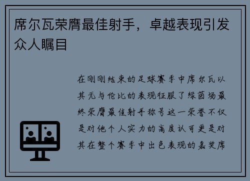 席尔瓦荣膺最佳射手，卓越表现引发众人瞩目
